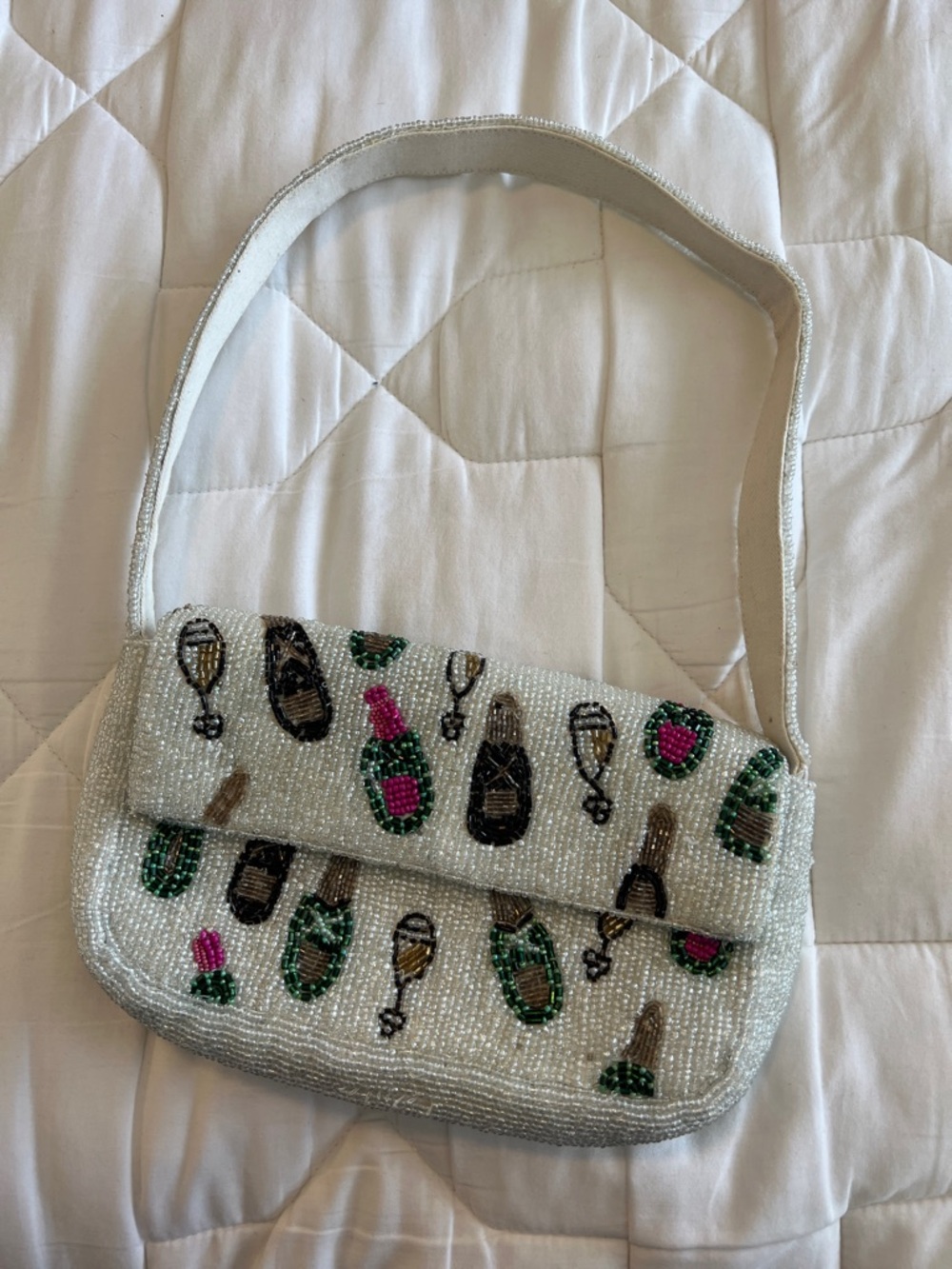 Maeve White Beaded Shoulder Bag with Pink & Green Accents